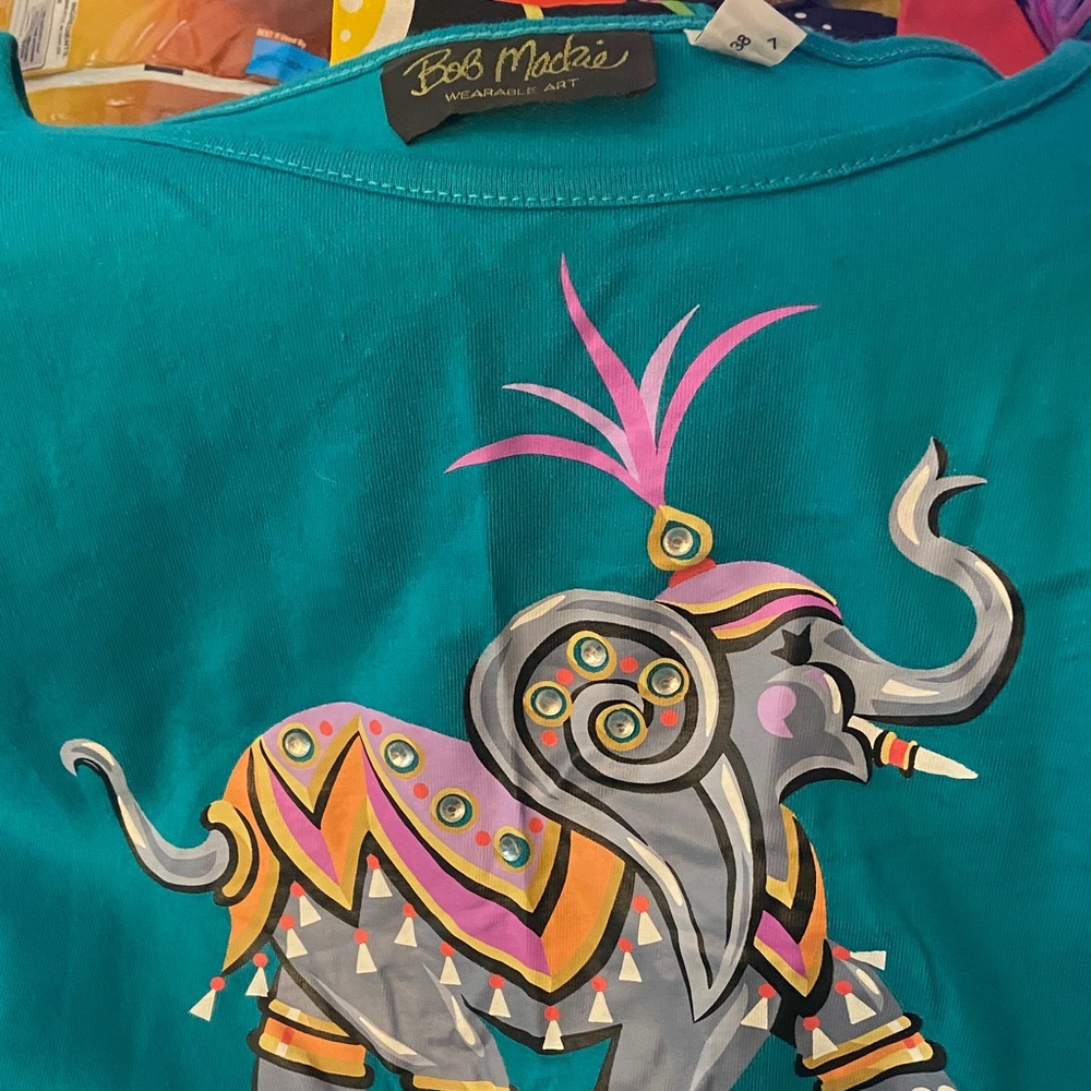 Bob Mackie Teal Top with Colorful Elephant Motif